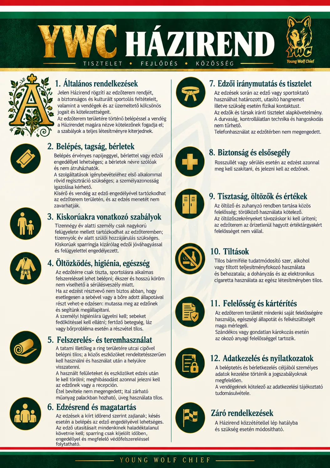 YWC Házirend – eredeti magyar plakát; teljes szövege mellette olvasható.